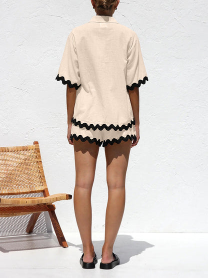 Vacation outfit-Summer Vacation 2-Piece Wave Contrast Lace Shirt and Shorts-Pekosa Women Clothing