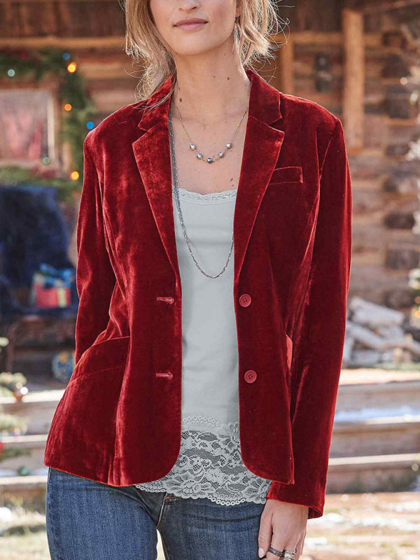 Velvet Blazers- Elegant Velvet Single-Breasted Jacket Blazer Tailored for Fall Fashion- Red- IndioGear Clothing and Gear