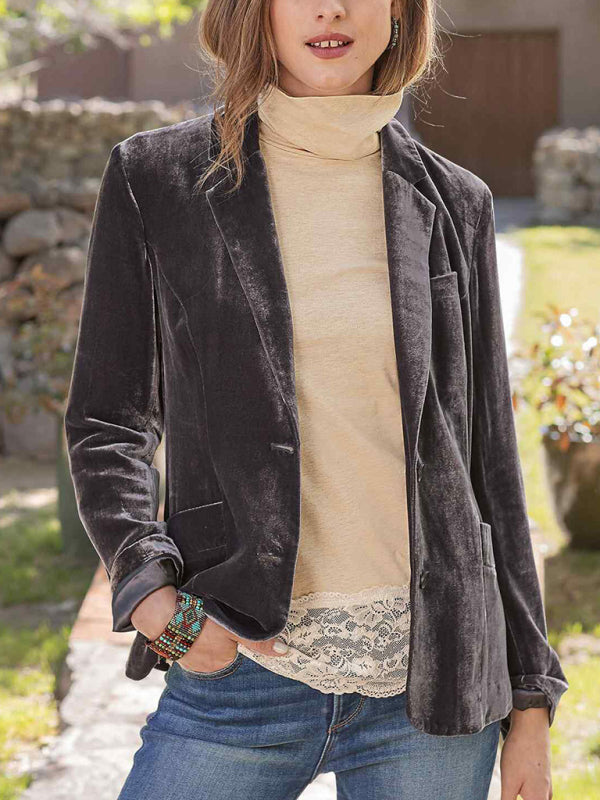 Velvet Blazers- Elegant Velvet Single-Breasted Jacket Blazer Tailored for Fall Fashion- Khaki- IndioGear Clothing and Gear