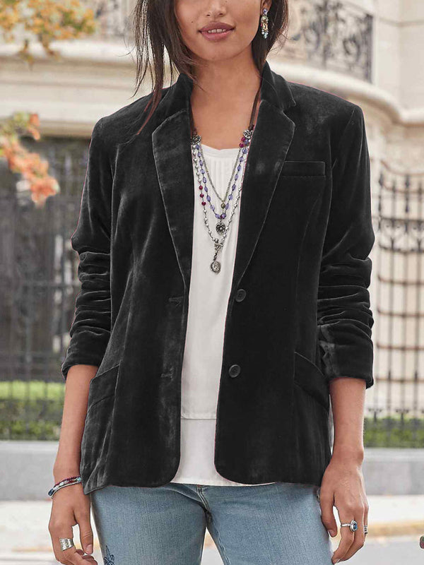 Velvet Blazers- Elegant Velvet Single-Breasted Jacket Blazer Tailored for Fall Fashion- Black- IndioGear Clothing and Gear