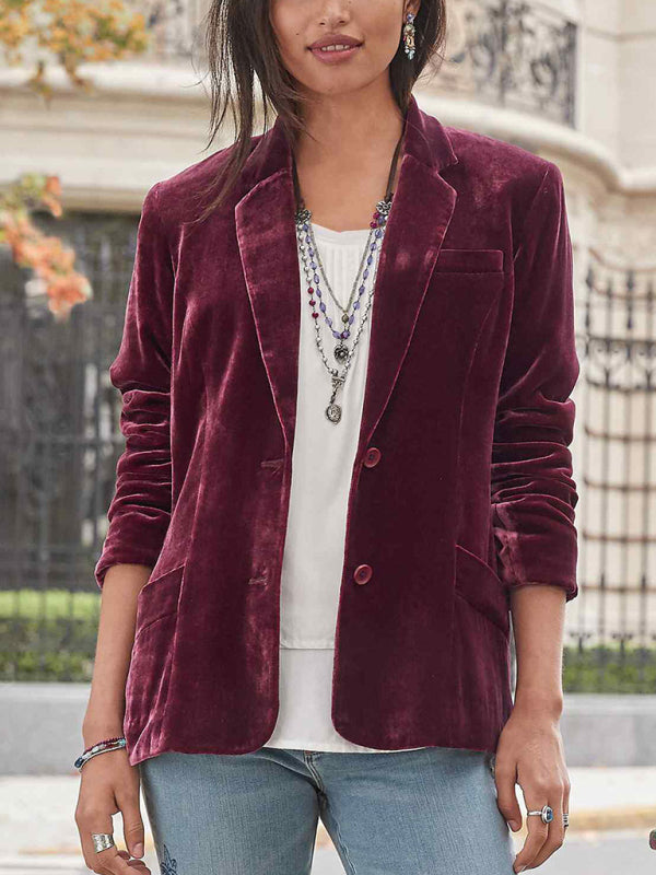 Velvet Blazers- Elegant Velvet Single-Breasted Jacket Blazer Tailored for Fall Fashion- Wine Red- IndioGear Clothing and Gear