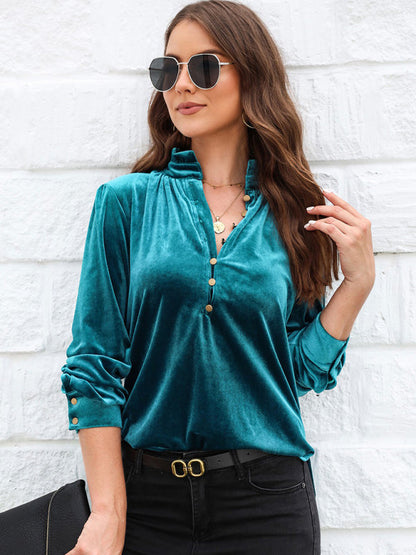 Velvet Blouses- Elegance in Velour Long Sleeve High Neck Velvet Blouse with Half-Button- - IndioGear Clothing and Gear