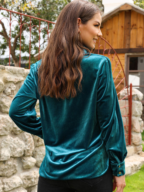 Velvet Blouses- Elegance in Velour Long Sleeve High Neck Velvet Blouse with Half-Button- - IndioGear Clothing and Gear