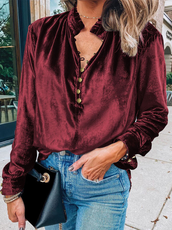 Velvet Blouses- Elegance in Velour Long Sleeve High Neck Velvet Blouse with Half-Button- Wine Red- IndioGear Clothing and Gear