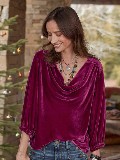 Velvet Blouses- Velour 3/4 Sleeves Cowl Top - Couture Velvet Elegance in a Blouse- Rose- IndioGear Clothing and Gear