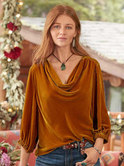 Velvet Blouses- Velour 3/4 Sleeves Cowl Top - Couture Velvet Elegance in a Blouse- Orange- IndioGear Clothing and Gear