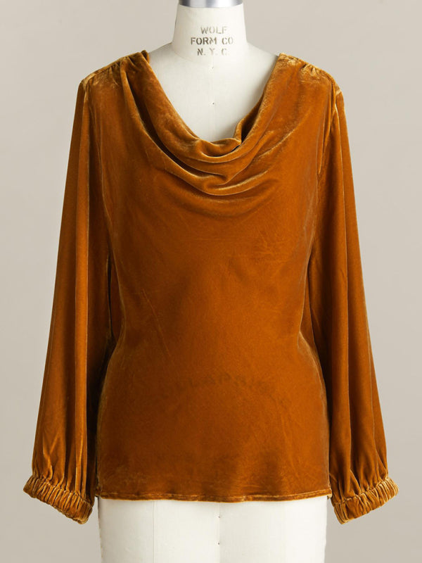 Velvet Blouses- Velour 3/4 Sleeves Cowl Top - Couture Velvet Elegance in a Blouse- - IndioGear Clothing and Gear