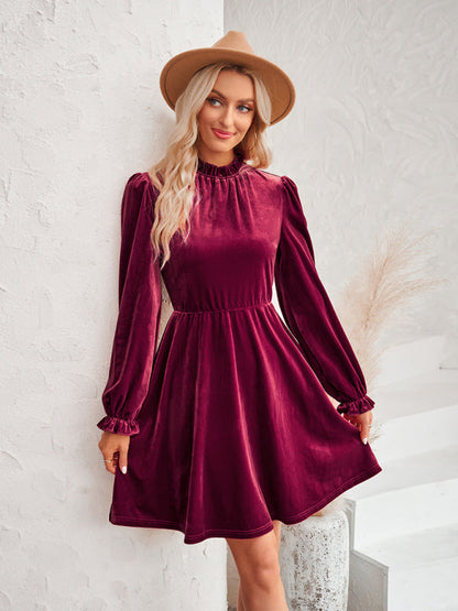 Velvet Dresses- Cocktail Couture: Fit and Flare Long Sleeve Velvet Mini Dress- - IndioGear Clothing and Gear