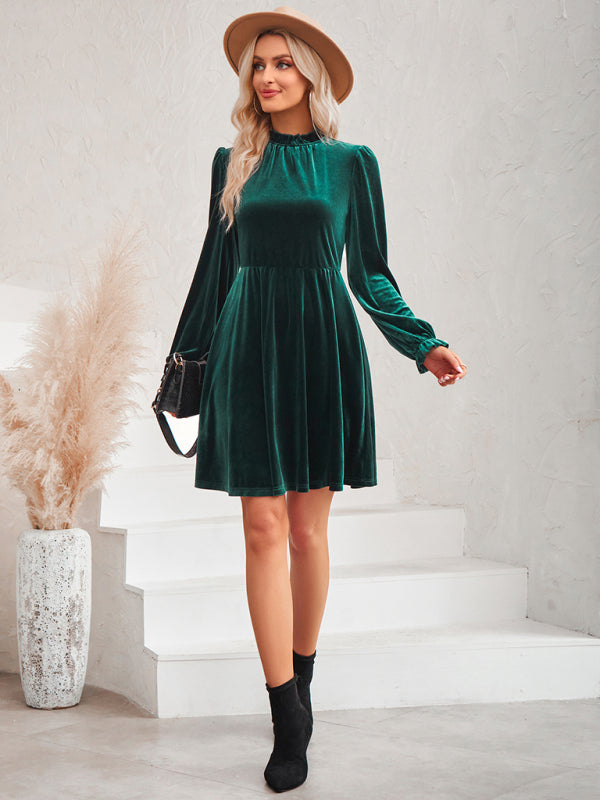 Velvet Dresses- Cocktail Couture: Fit and Flare Long Sleeve Velvet Mini Dress- - IndioGear Clothing and Gear