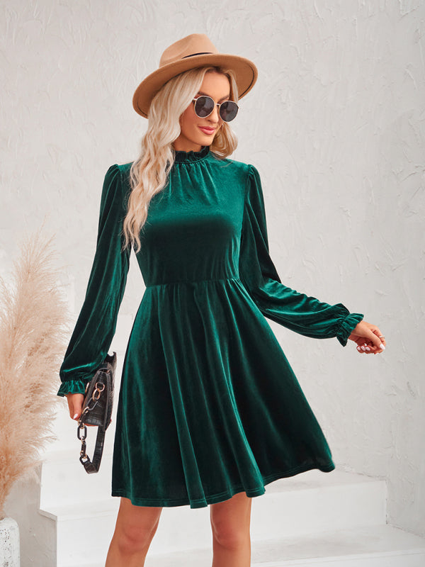 Velvet Dresses- Cocktail Couture: Fit and Flare Long Sleeve Velvet Mini Dress- - IndioGear Clothing and Gear