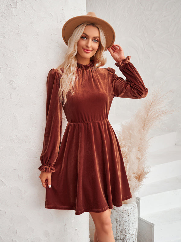 Velvet Dresses- Cocktail Couture: Fit and Flare Long Sleeve Velvet Mini Dress- - IndioGear Clothing and Gear