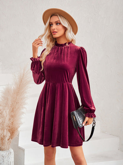 Velvet Dresses- Cocktail Couture: Fit and Flare Long Sleeve Velvet Mini Dress- - IndioGear Clothing and Gear