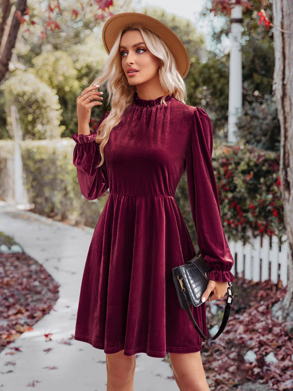 Velvet Dresses- Cocktail Couture: Fit and Flare Long Sleeve Velvet Mini Dress- Wine Red- IndioGear Clothing and Gear