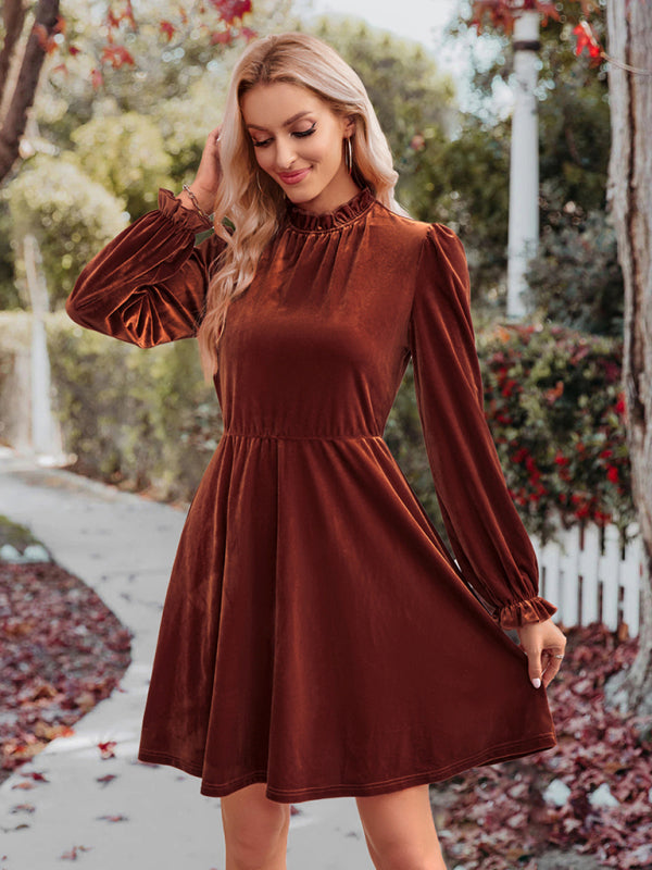 Velvet Dresses- Cocktail Couture: Fit and Flare Long Sleeve Velvet Mini Dress- Brown- IndioGear Clothing and Gear