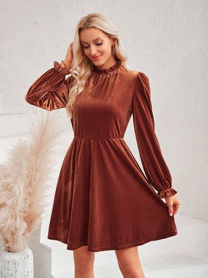 Velvet Dresses- Cocktail Couture: Fit and Flare Long Sleeve Velvet Mini Dress- - IndioGear Clothing and Gear