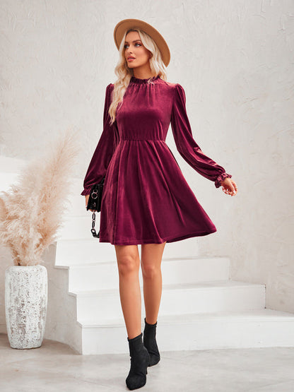 Velvet Dresses- Cocktail Couture: Fit and Flare Long Sleeve Velvet Mini Dress- - IndioGear Clothing and Gear