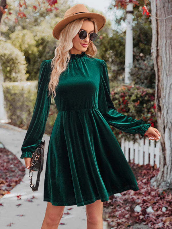 Velvet Dresses- Cocktail Couture: Fit and Flare Long Sleeve Velvet Mini Dress- Green black jasper- IndioGear Clothing and Gear