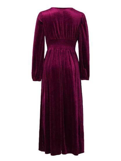 Velvet Dresses- Couture Velvet Velour V-Neck Midi Dress for Holidays- - IndioGear Clothing and Gear