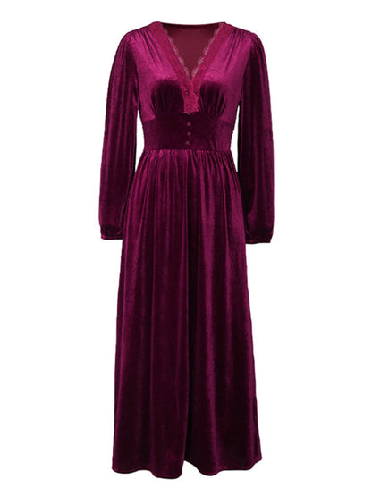 Velvet Dresses- Couture Velvet Velour V-Neck Midi Dress for Holidays- - IndioGear Clothing and Gear