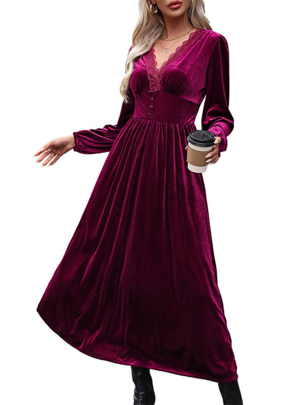 Velvet Dresses- Couture Velvet Velour V-Neck Midi Dress for Holidays- - IndioGear Clothing and Gear