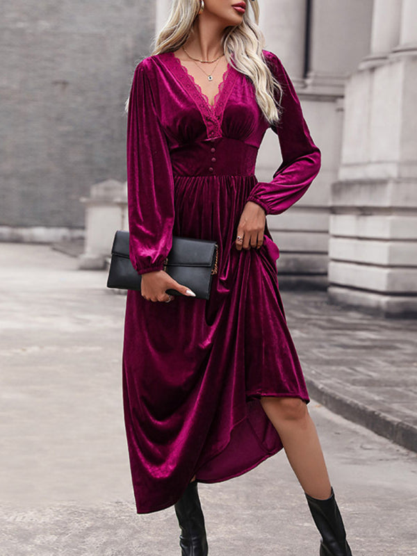 Velvet Dresses- Couture Velvet Velour V-Neck Midi Dress for Holidays- - IndioGear Clothing and Gear