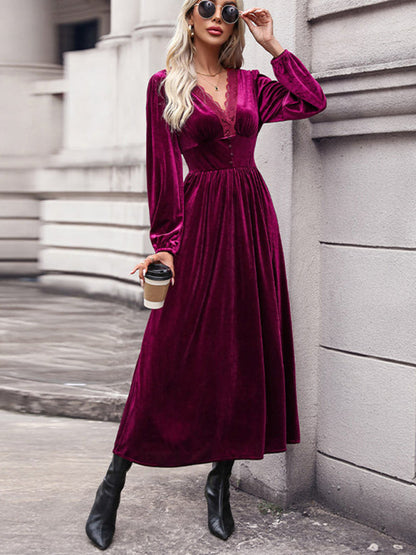 Velvet Dresses- Couture Velvet Velour V-Neck Midi Dress for Holidays- - IndioGear Clothing and Gear