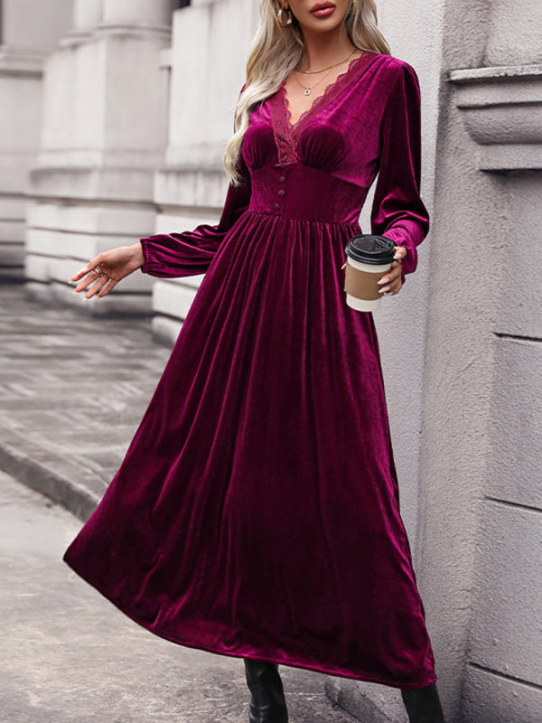 Velvet Dresses- Couture Velvet Velour V-Neck Midi Dress for Holidays- Wine Red- IndioGear Clothing and Gear