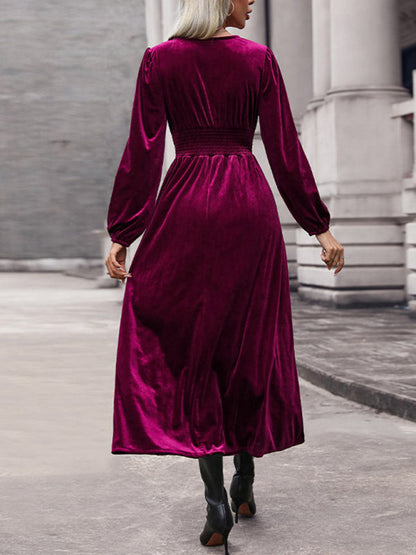 Velvet Dresses- Couture Velvet Velour V-Neck Midi Dress for Holidays- - IndioGear Clothing and Gear