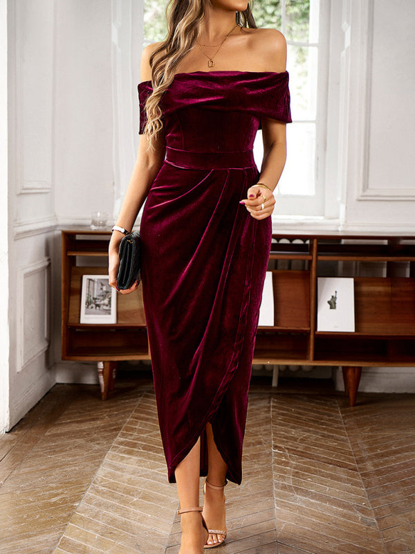 Velvet Dresses- Elegant Off-The-Shoulder Velvet Midi Dress- - IndioGear Clothing and Gear