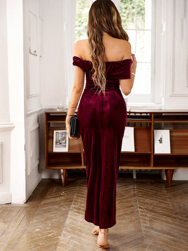 Velvet Dresses- Elegant Off-The-Shoulder Velvet Midi Dress- - IndioGear Clothing and Gear