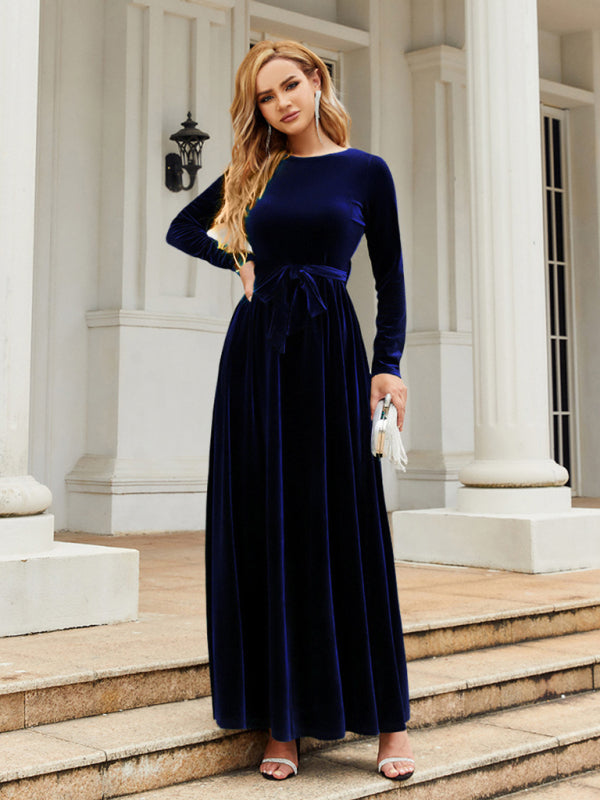 Velvet Dresses- Holiday Autumn Winter Velvet Tie-Belt Maxi Dress- - IndioGear Clothing and Gear