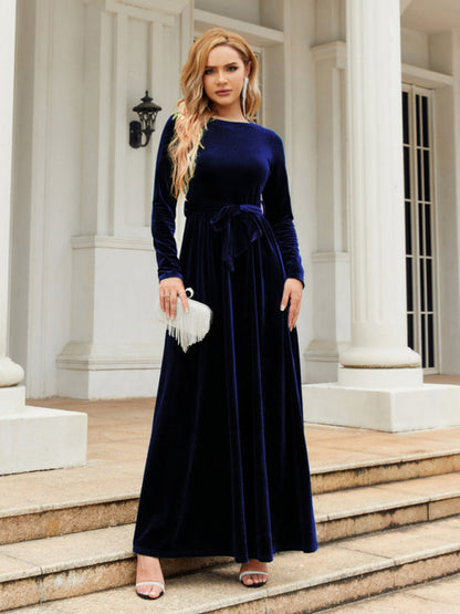 Velvet Dresses- Holiday Autumn Winter Velvet Tie-Belt Maxi Dress- Blue- IndioGear Clothing and Gear