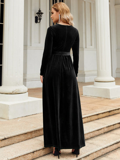 Velvet Dresses- Holiday Autumn Winter Velvet Tie-Belt Maxi Dress- - IndioGear Clothing and Gear