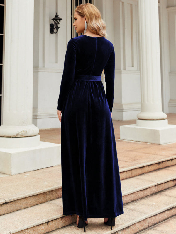 Velvet Dresses- Holiday Autumn Winter Velvet Tie-Belt Maxi Dress- - IndioGear Clothing and Gear