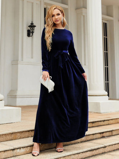 Velvet Dresses- Holiday Autumn Winter Velvet Tie-Belt Maxi Dress- - IndioGear Clothing and Gear