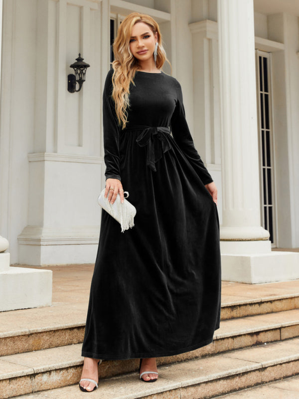 Velvet Dresses- Holiday Autumn Winter Velvet Tie-Belt Maxi Dress- - IndioGear Clothing and Gear