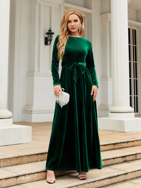 Velvet Dresses- Holiday Autumn Winter Velvet Tie-Belt Maxi Dress- - IndioGear Clothing and Gear