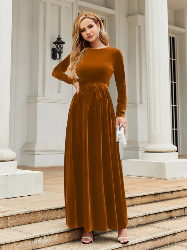 Velvet Dresses- Holiday Autumn Winter Velvet Tie-Belt Maxi Dress- - IndioGear Clothing and Gear