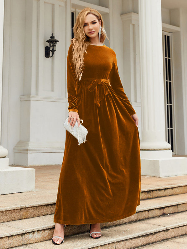 Velvet Dresses- Holiday Autumn Winter Velvet Tie-Belt Maxi Dress- Brown- IndioGear Clothing and Gear