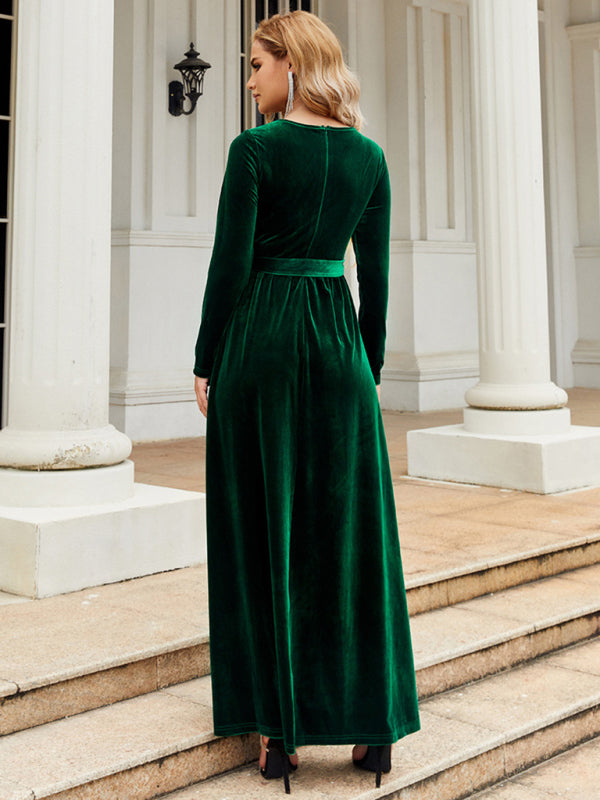 Velvet Dresses- Holiday Autumn Winter Velvet Tie-Belt Maxi Dress- - IndioGear Clothing and Gear