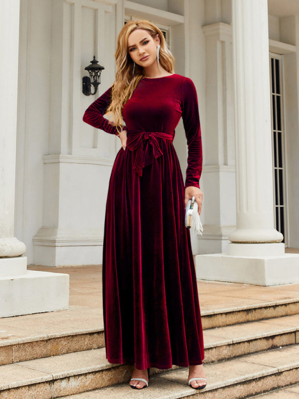 Velvet Dresses- Holiday Autumn Winter Velvet Tie-Belt Maxi Dress- - IndioGear Clothing and Gear