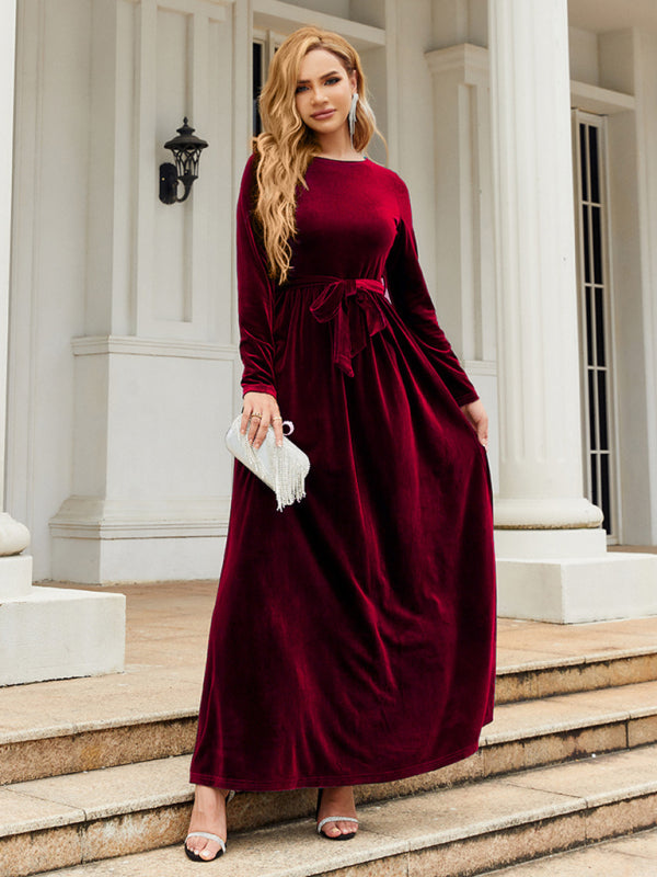 Velvet Dresses- Holiday Autumn Winter Velvet Tie-Belt Maxi Dress- - IndioGear Clothing and Gear