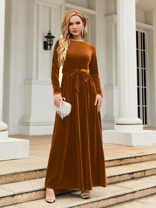 Velvet Dresses- Holiday Autumn Winter Velvet Tie-Belt Maxi Dress- - IndioGear Clothing and Gear