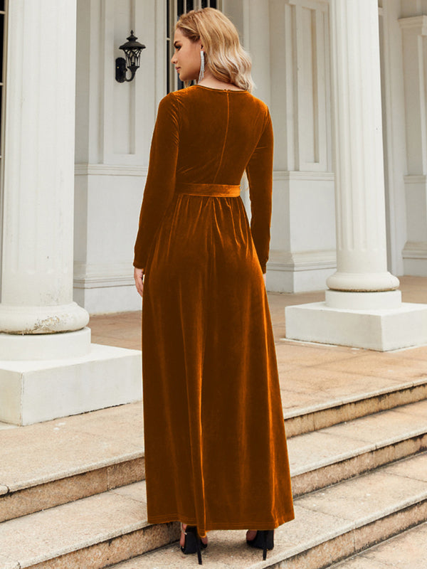 Velvet Dresses- Holiday Autumn Winter Velvet Tie-Belt Maxi Dress- - IndioGear Clothing and Gear