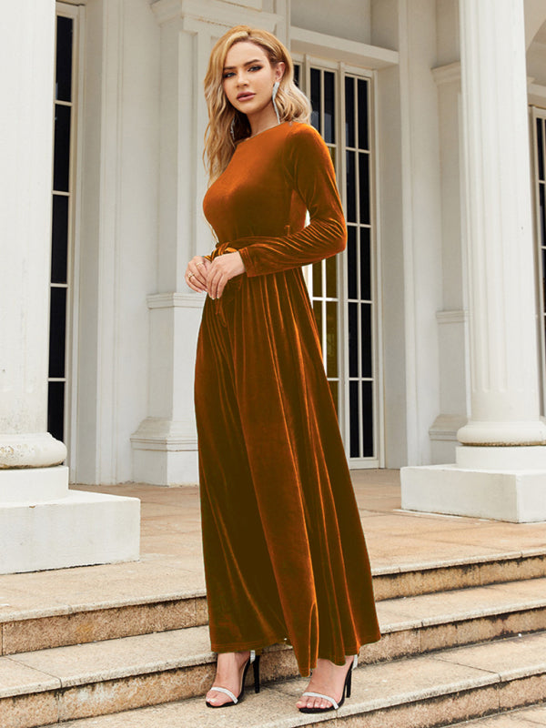 Velvet Dresses- Holiday Autumn Winter Velvet Tie-Belt Maxi Dress- - IndioGear Clothing and Gear