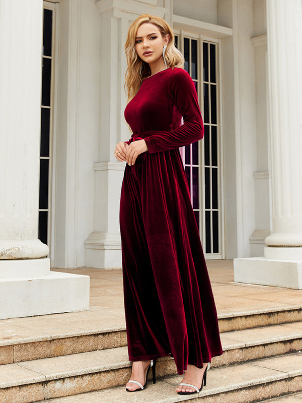 Velvet Dresses- Holiday Autumn Winter Velvet Tie-Belt Maxi Dress- - IndioGear Clothing and Gear