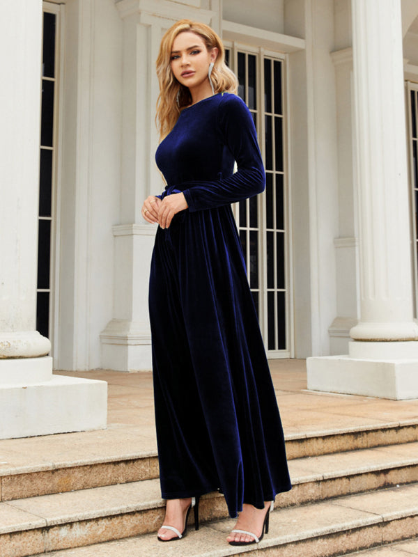 Velvet Dresses- Holiday Autumn Winter Velvet Tie-Belt Maxi Dress- - IndioGear Clothing and Gear