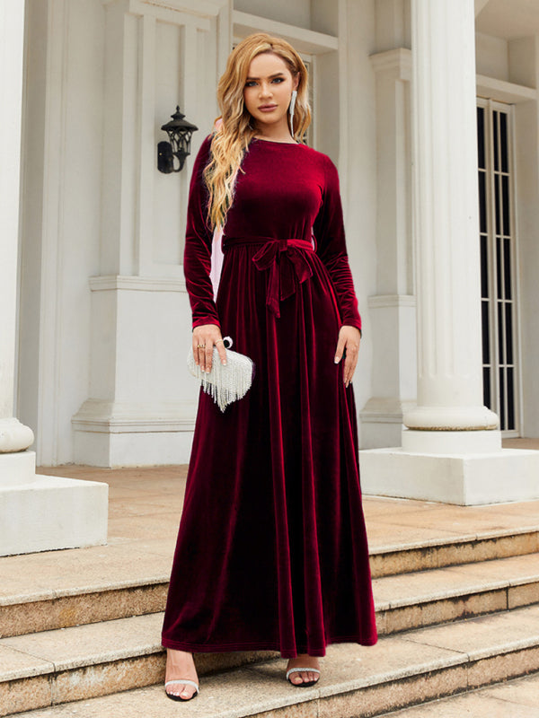 Velvet Dresses- Holiday Autumn Winter Velvet Tie-Belt Maxi Dress- Red- IndioGear Clothing and Gear