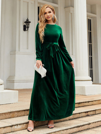 Velvet Dresses- Holiday Autumn Winter Velvet Tie-Belt Maxi Dress- Green- IndioGear Clothing and Gear