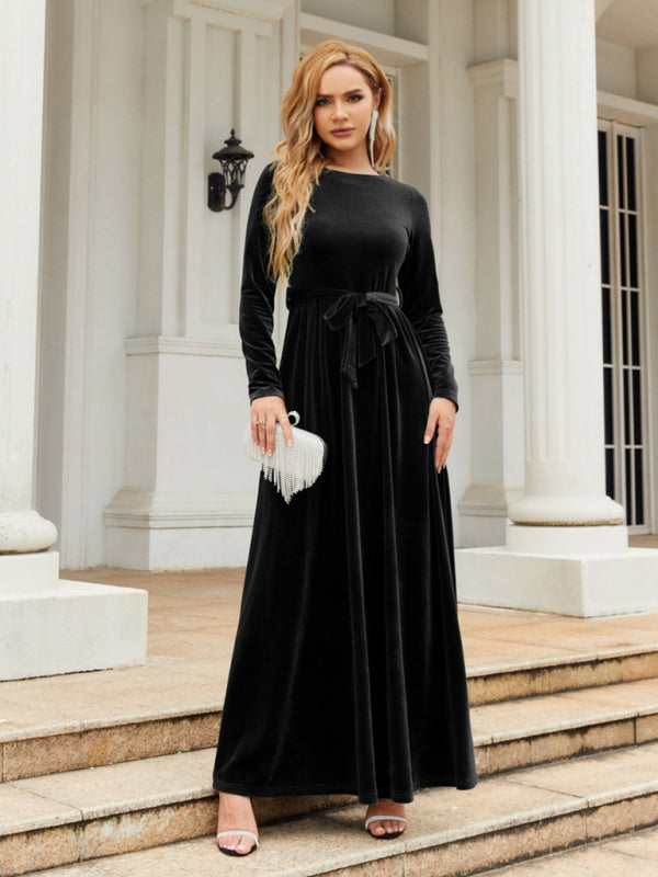 Velvet Dresses- Holiday Autumn Winter Velvet Tie-Belt Maxi Dress- Black- IndioGear Clothing and Gear